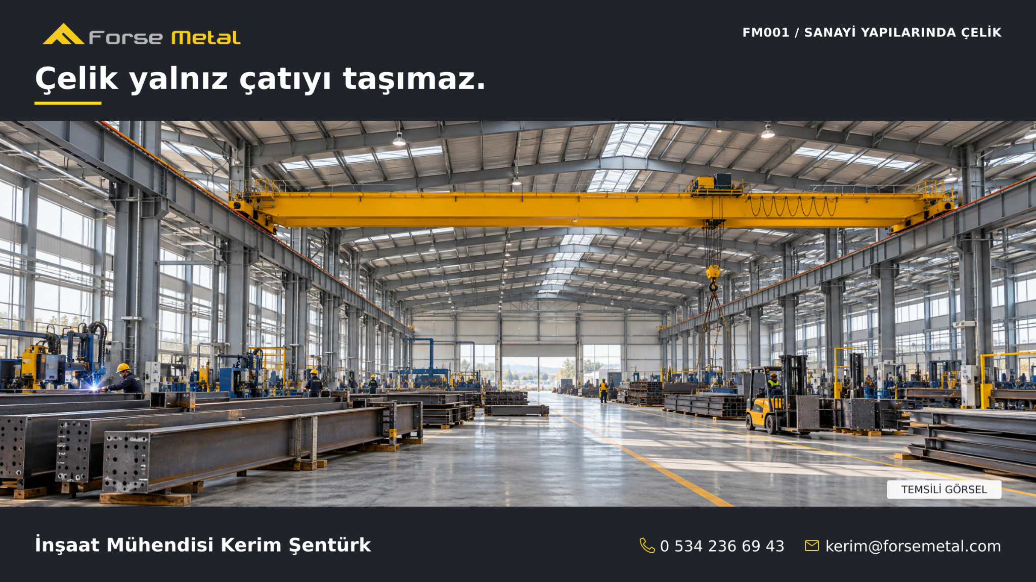 Geniş açıklıklı temsili çelik sanayi yapısı ve üretim hattı.