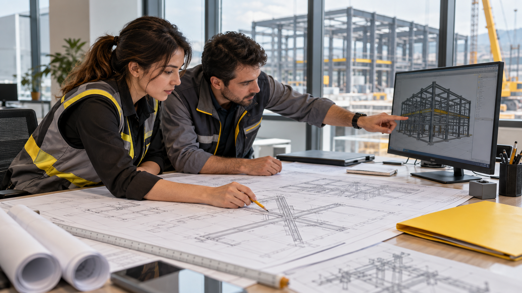 İki mühendisin çelik yapı modeli ve proje çizimleri üzerinde çalışması.